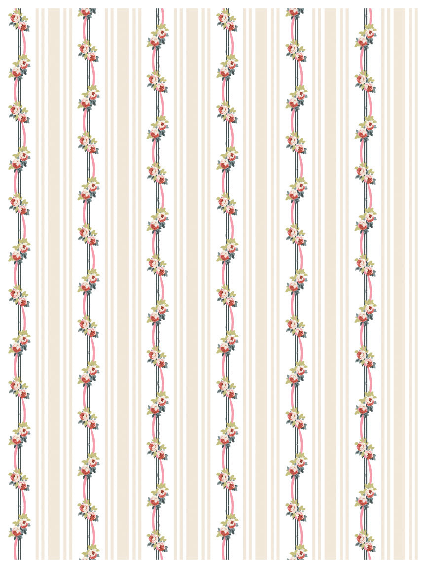 Lattice Rose Paint Inlay by I.O.D. with beige stripes, red ribbons, and floral vintage cottage-core design.
