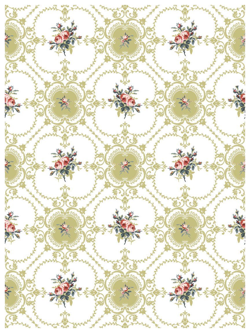 Lattice Rose Paint Inlay by IOD featuring ornate green ovals with pink and red flowers.