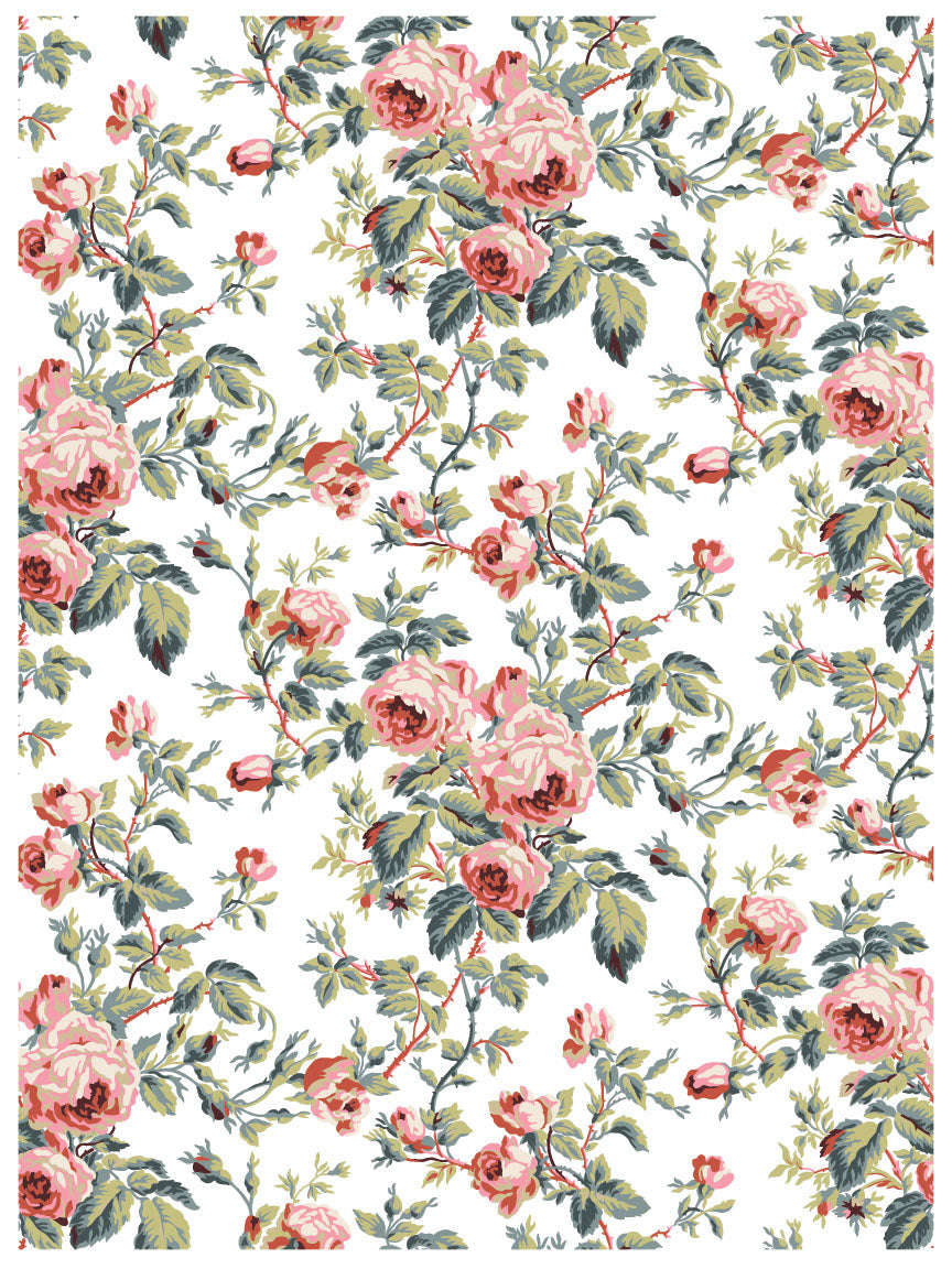 Lattice Rose Paint Inlay by I.O.D. featuring pink roses with green leaves in a vintage style on white.