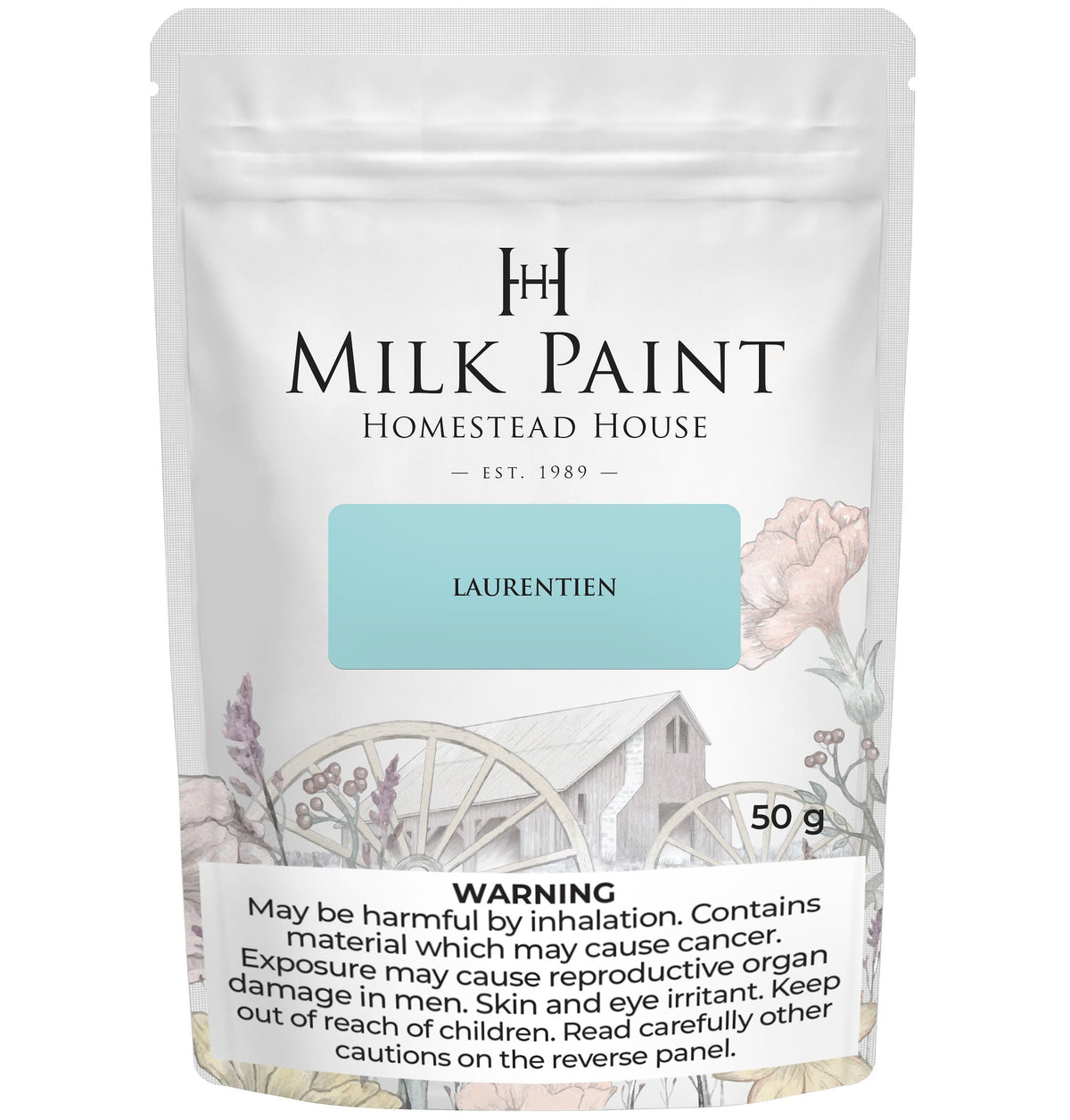 Homestead House Laurentien Milk Paint pouch with warnings for inhalation, cancer, and reproductive health risks.