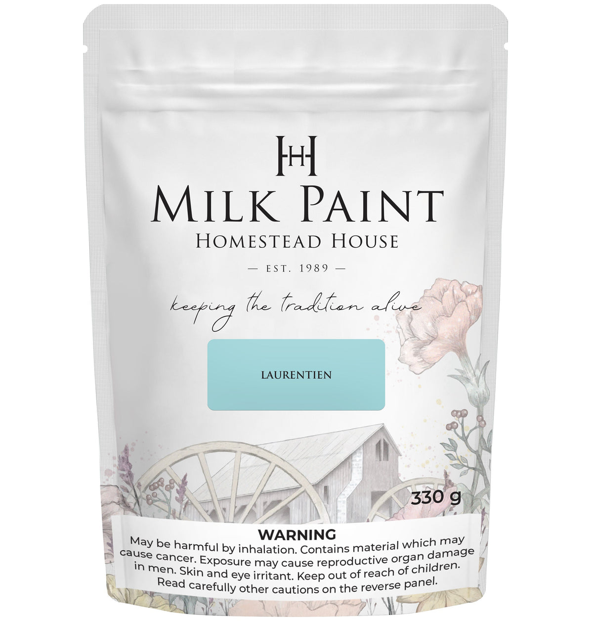 330g Laurentien Milk Paint by Homestead House, white barn art label, warnings displayed at the bottom.