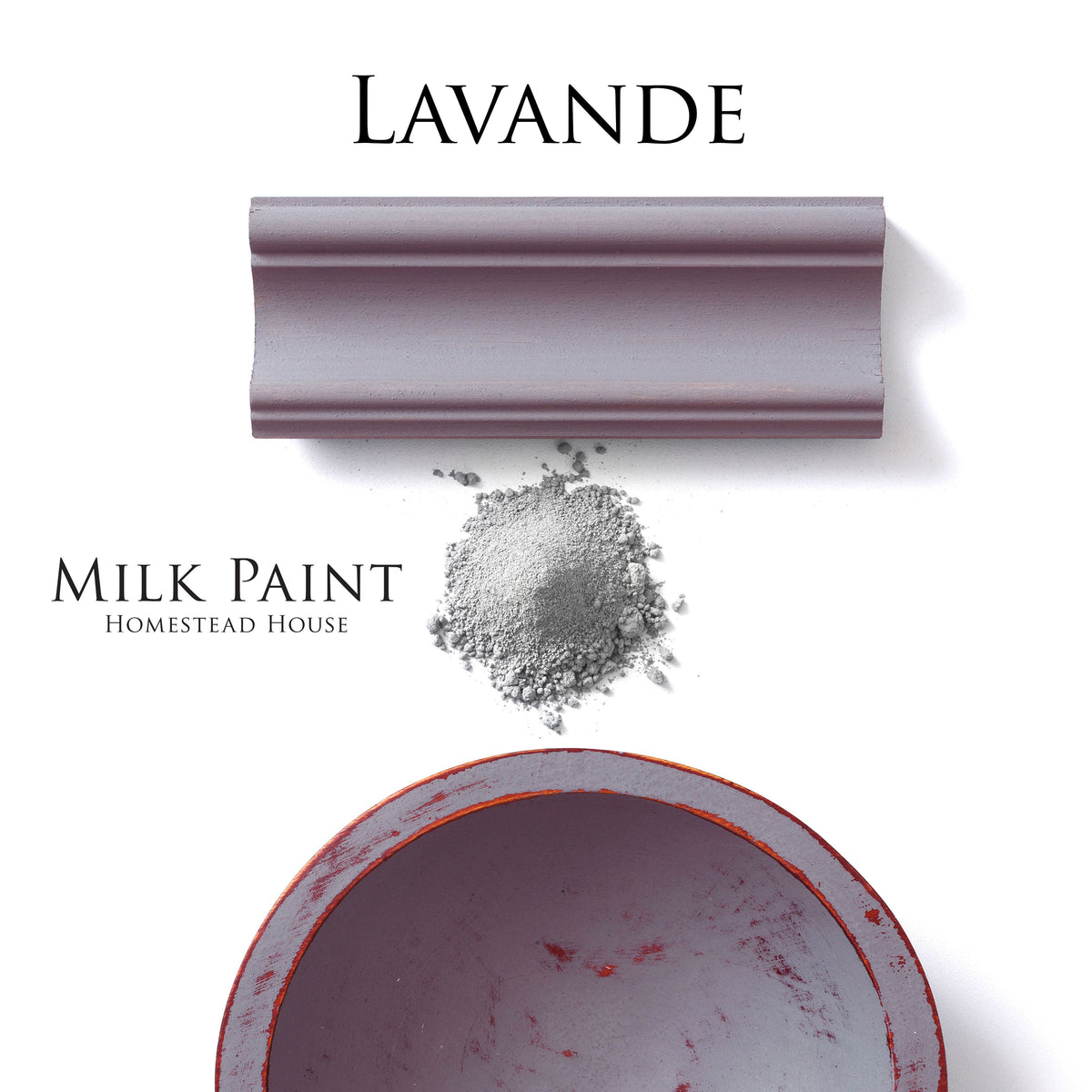 Mauve painted molding, powder pile, and Homestead House Lavande Milk Paint shown together.