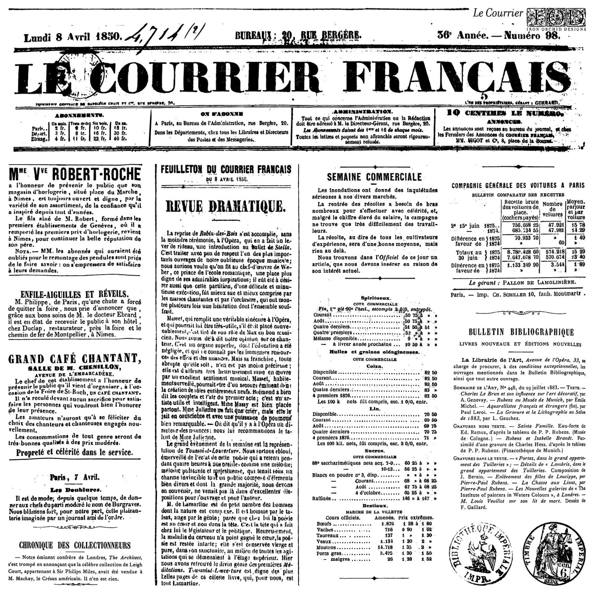 Le Courrier Français 1850 front page, inspiration for I.O.D.’s retired Le Courrier Stamp by Iron Orchid Designs.