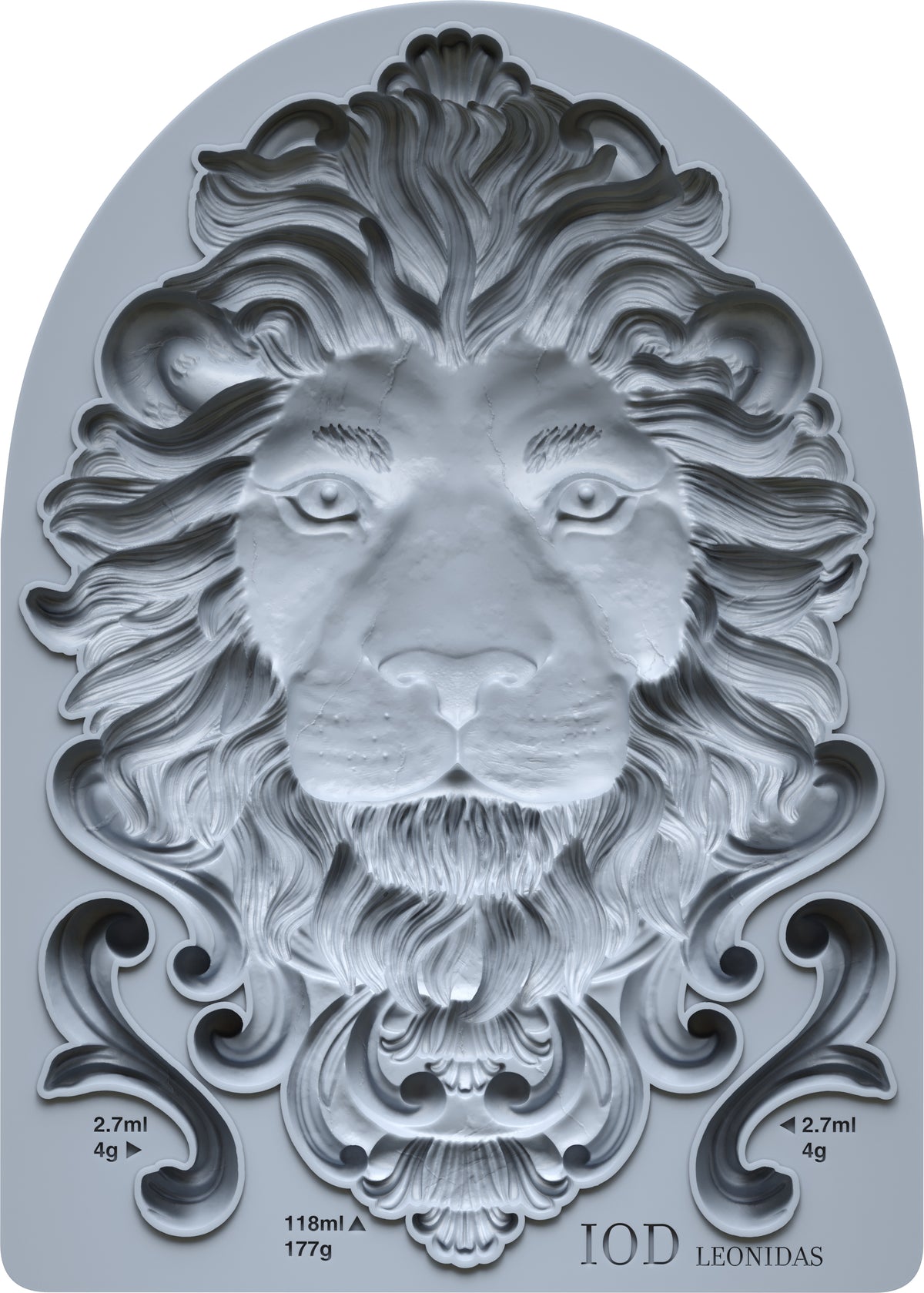 Gray Leonidas Mould by IOD with raised lion’s head, swirling heraldry, I.O.D. branding, and volume marks.