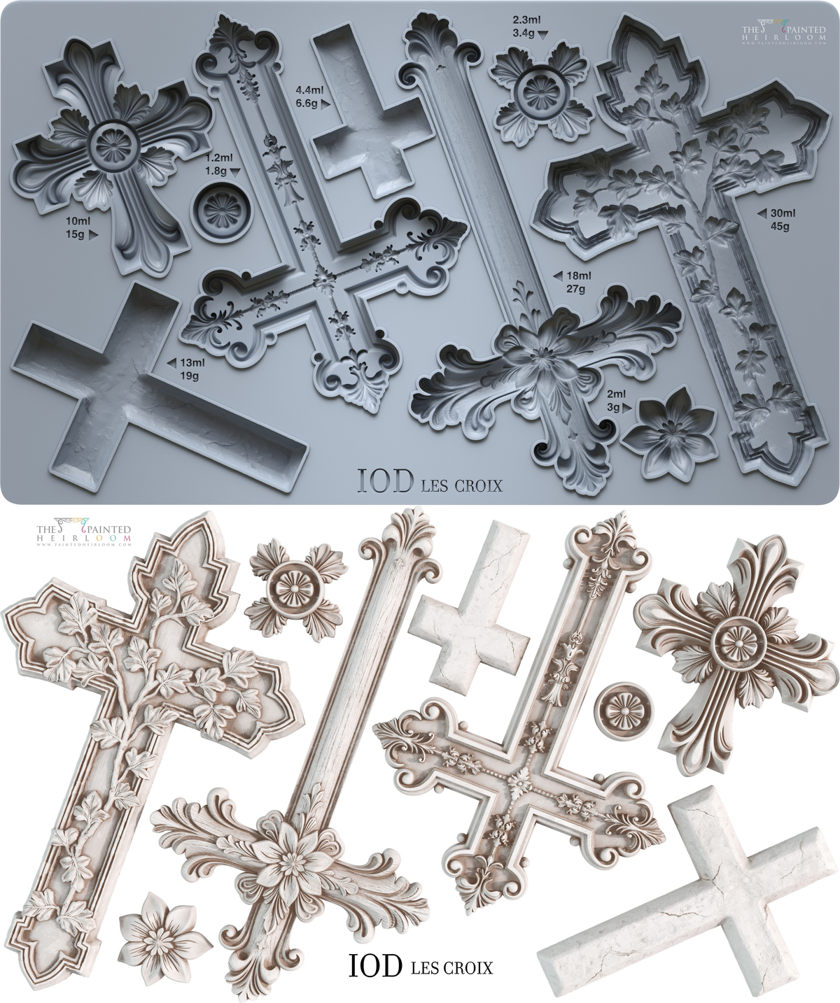 Les Croix Mould by IOD, silicone mould for casting detailed, labeled cross designs.