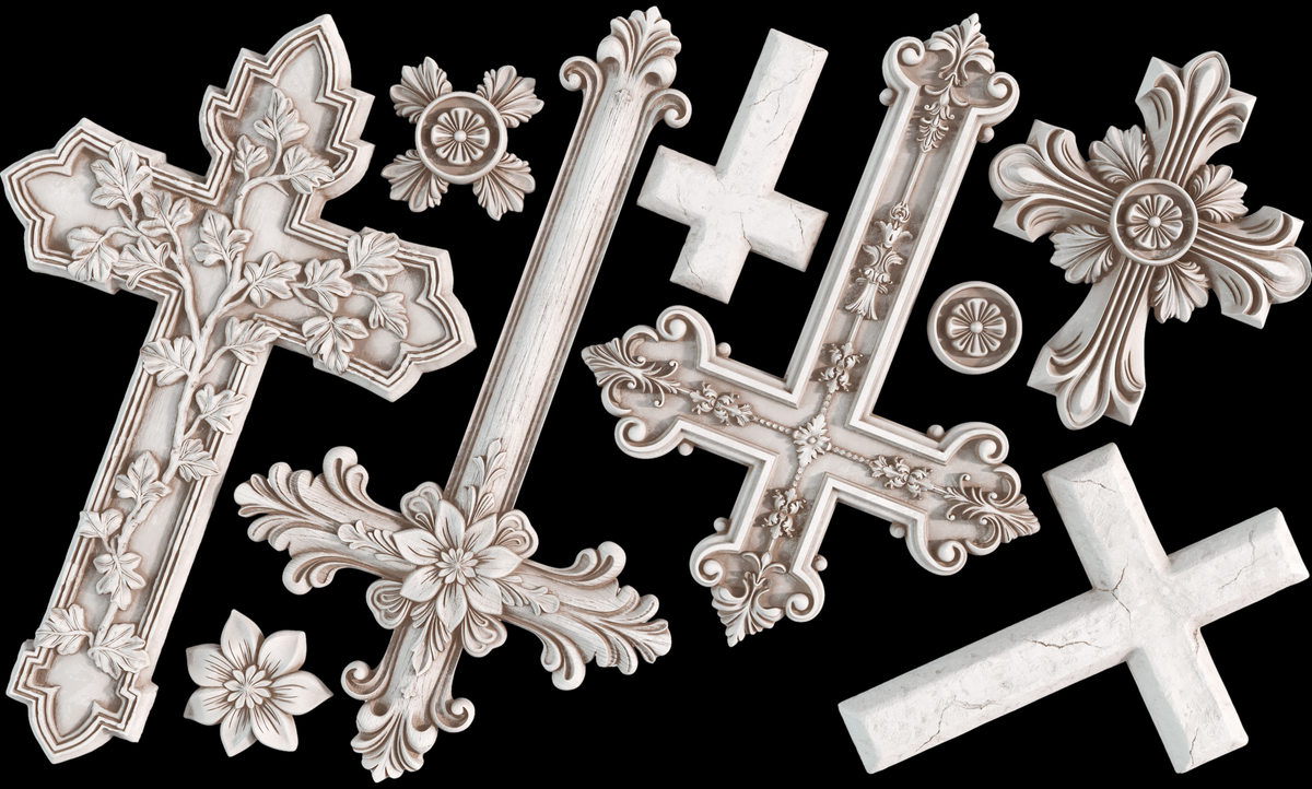 Ornate and plain crosses crafted using Les Croix Mould by I.O.D., shown against a black background.