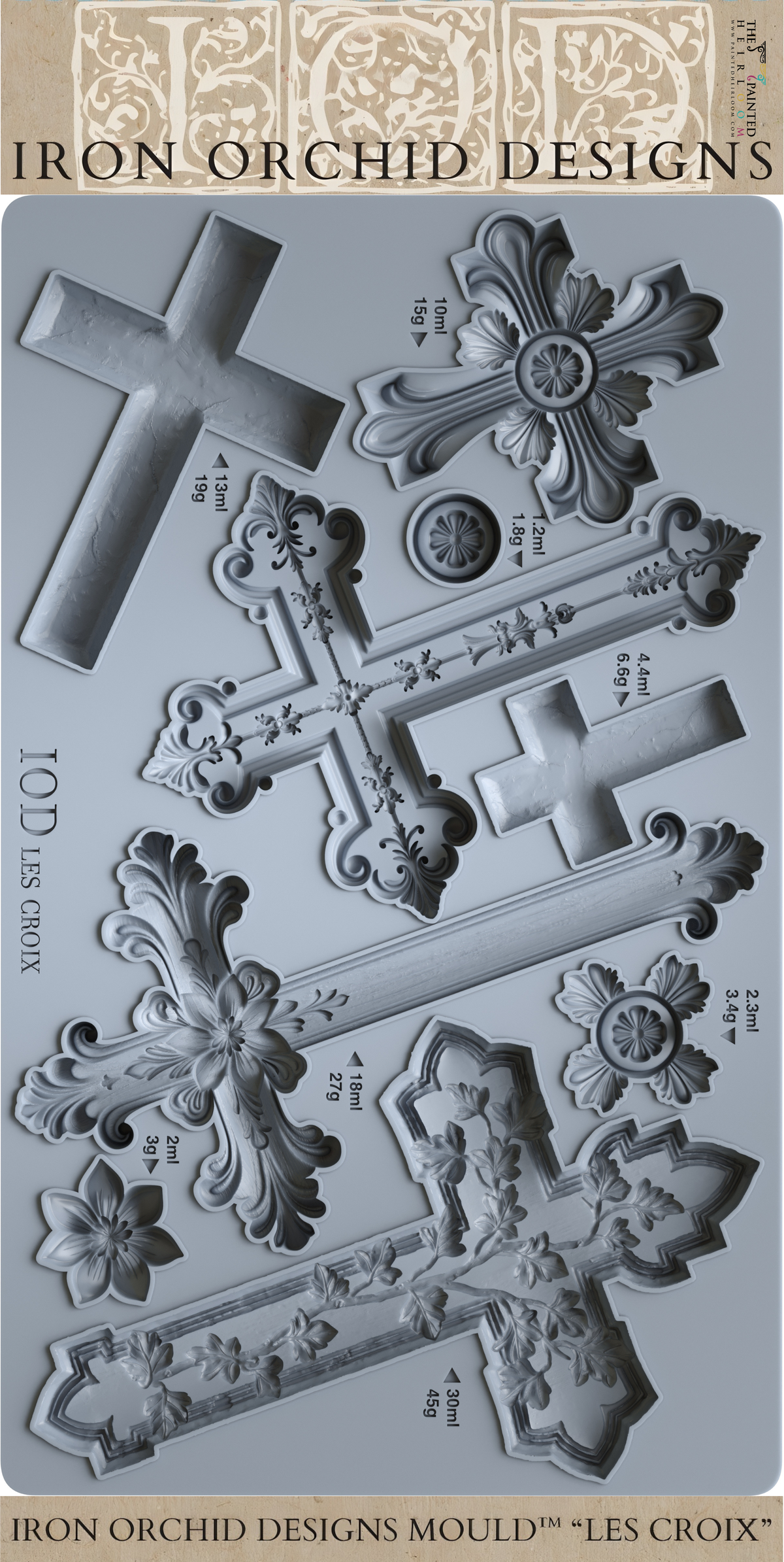 Les Croix Mould by IOD with ornate cross and floral designs in assorted sizes.