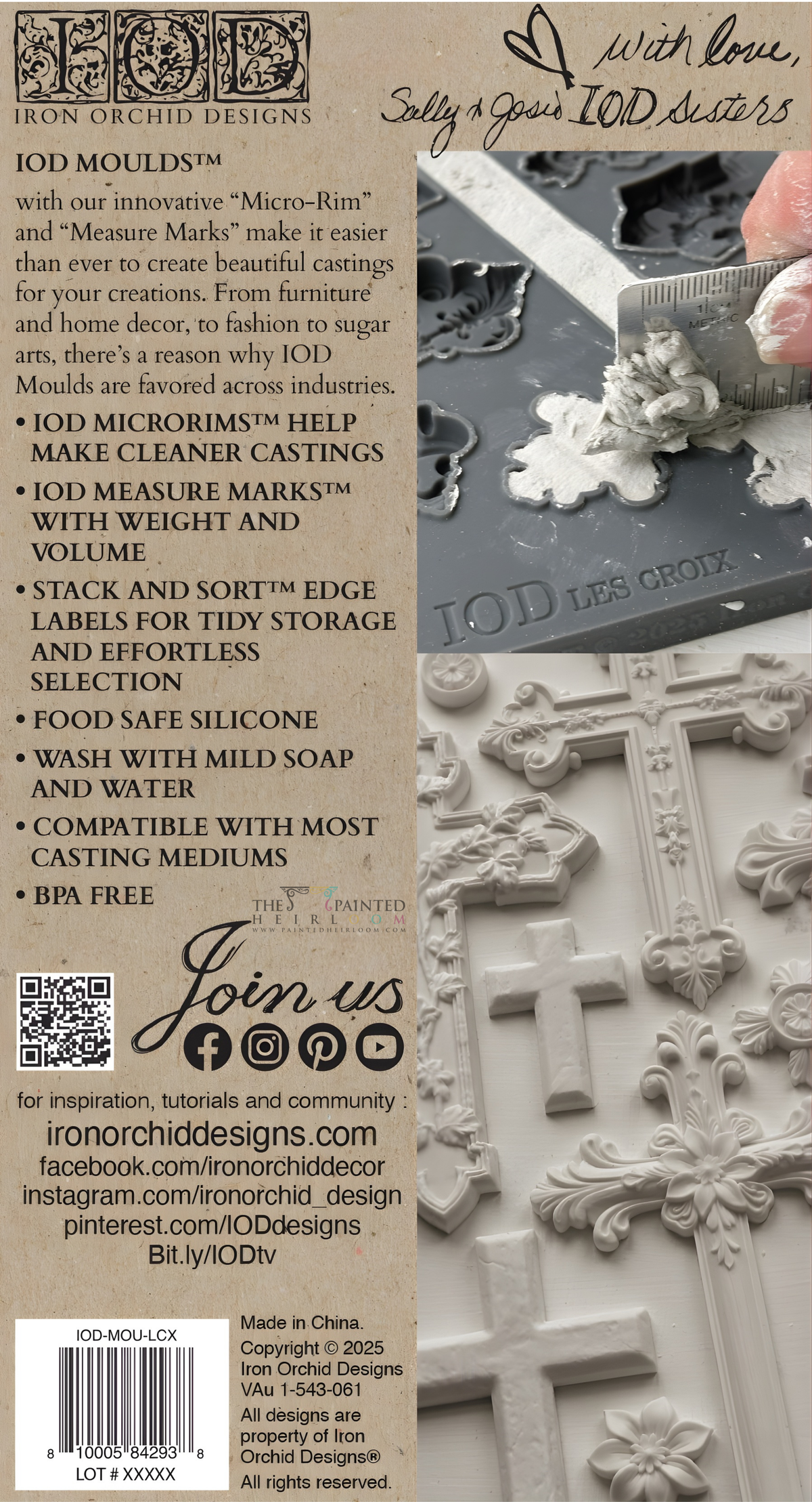 Les Croix Mould by I.O.D. label showing usage, safety info, socials, and cross frame design details.