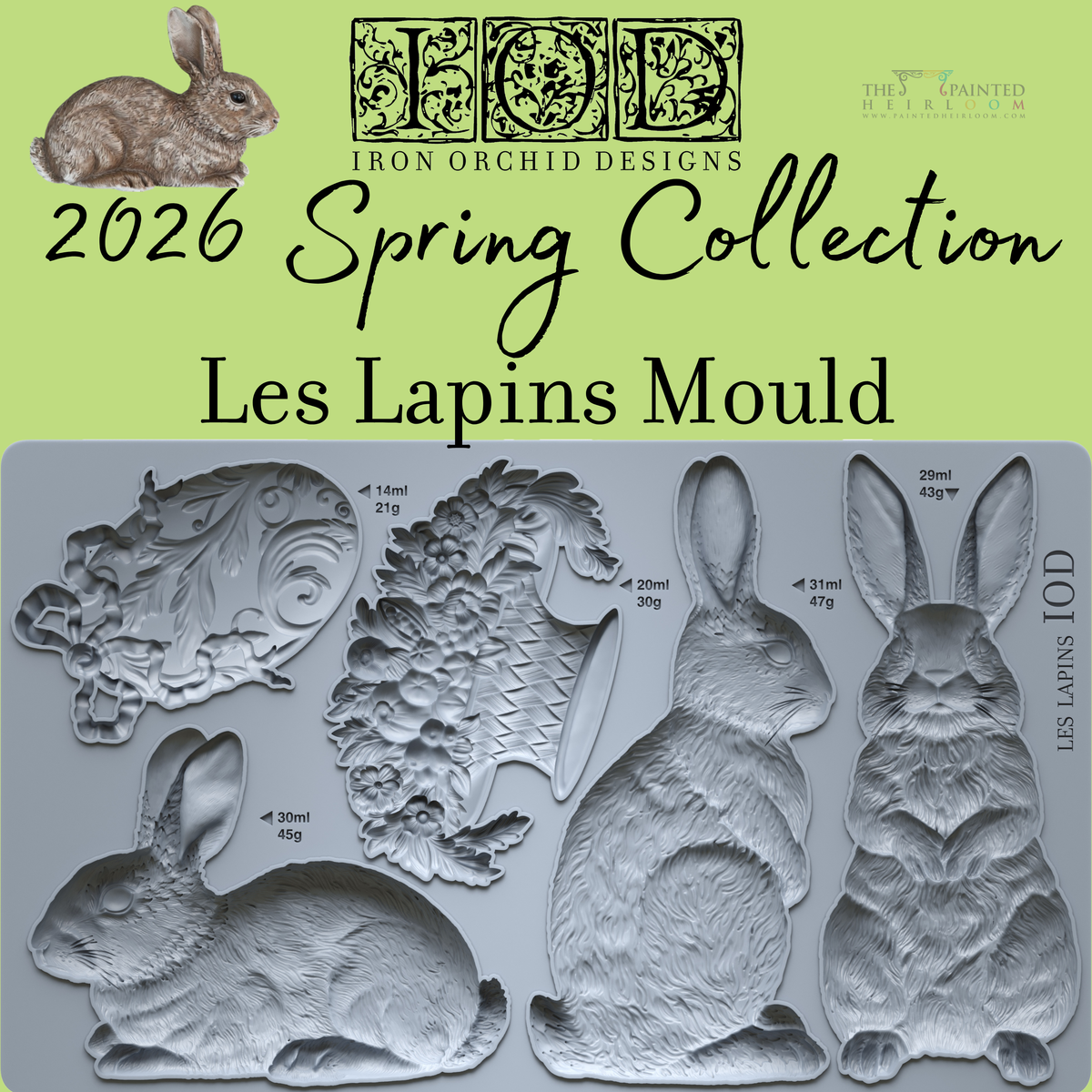 Les Lapins Mould by IOD with rabbit, carrot, and floral designs plus measurements; 2026 Spring Collection.