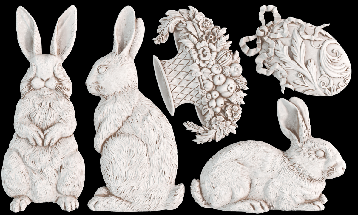 Les Lapins Mould by IOD featuring vintage bunny, basket, and egg designs for decorative projects.