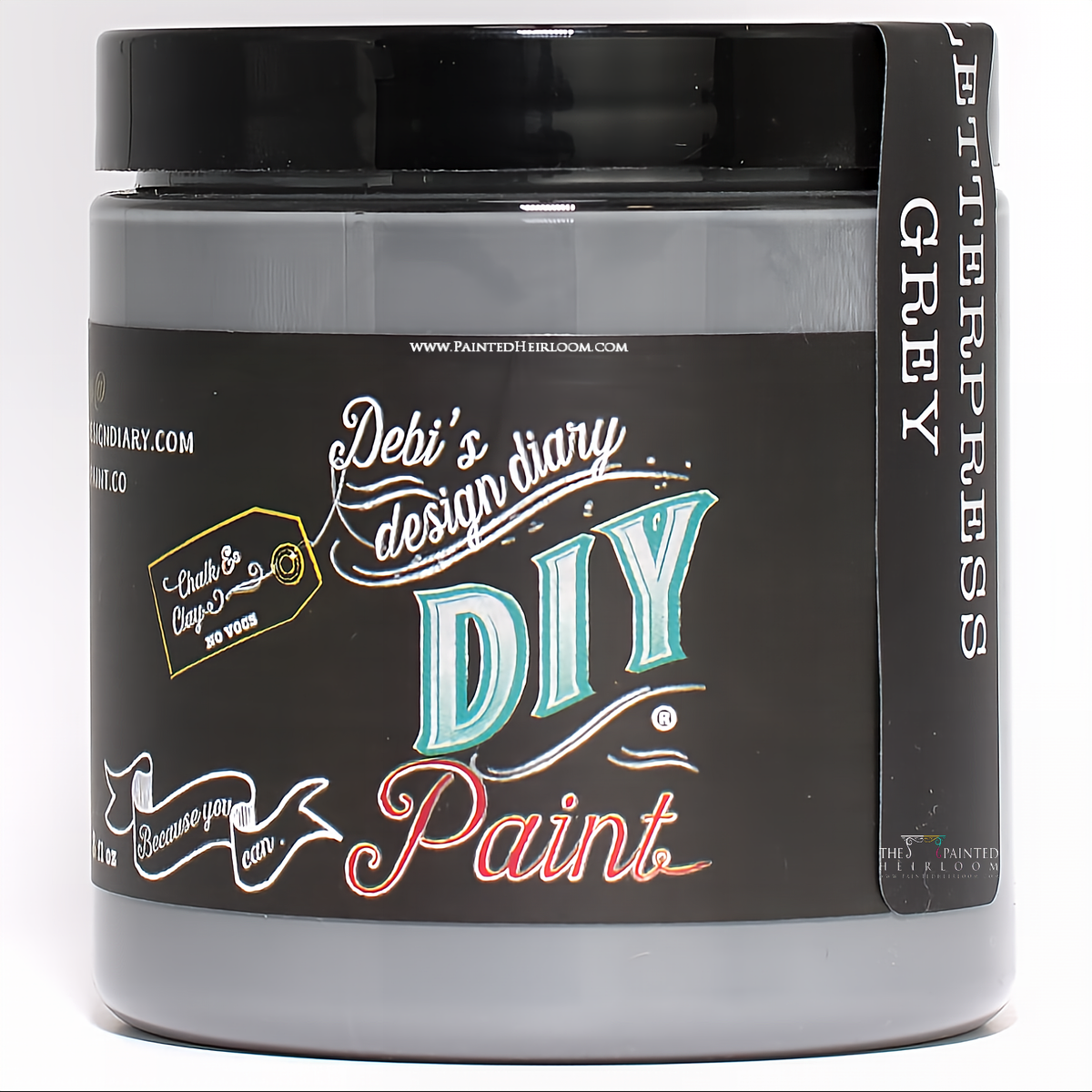 DIY Paint Co. Letterpress Grey DIY Paint jar with colorful label and black lid.