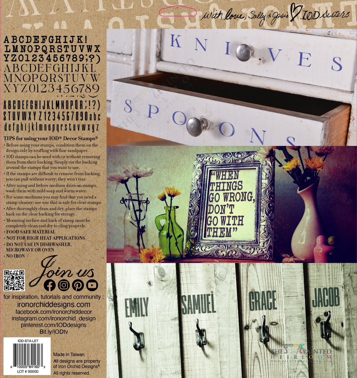 Wooden drawers labeled Knives and Spoons with flowers, IOD Letterpress Stamp by I.O.D., quotes, and name tags.