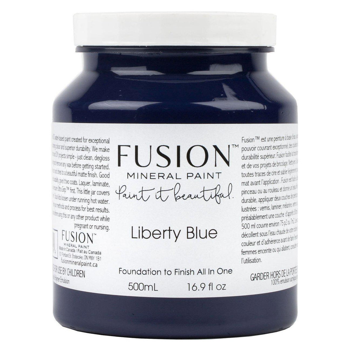 Fusion Mineral Paint 500mL jar, Liberty Blue shade, with label details visible.