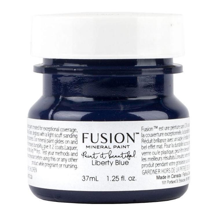 37ml Liberty Blue Fusion Mineral Paint jar with white label, black lid, and visible instructions.