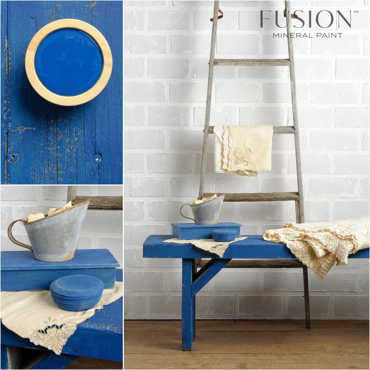 Liberty Blue Fusion Mineral Paint jar on a bench beside folded linens.