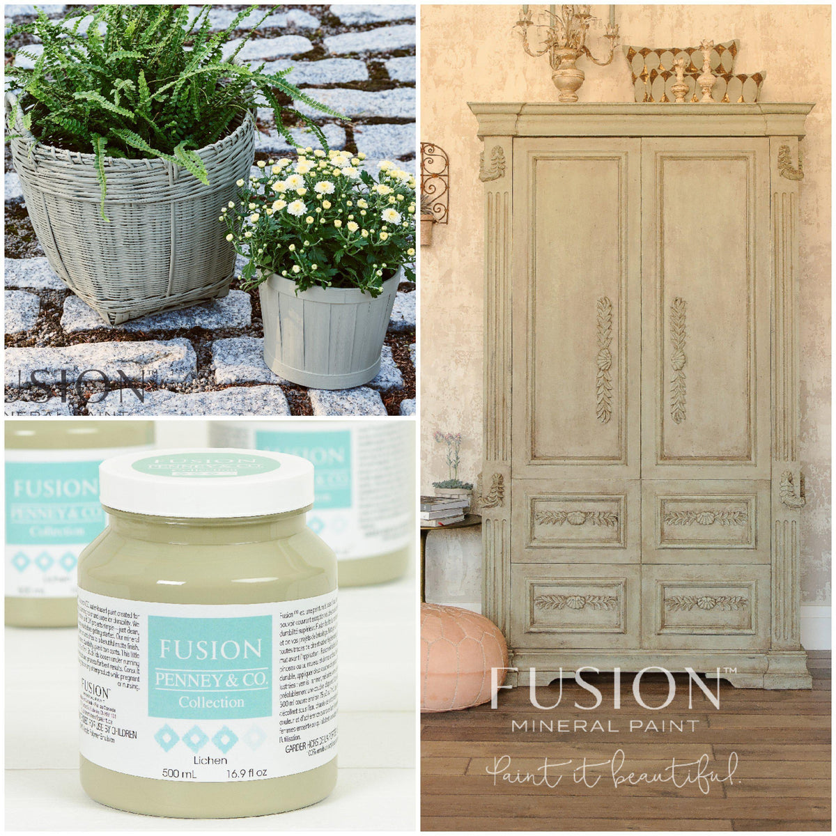 Fusion Mineral Paint Lichen acrylic paint jars, potted plants, and ornate wardrobe in a single collage.