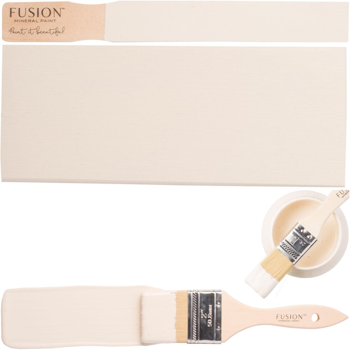 Paintbrush, swatch, and bowl with Limestone Fusion Mineral Paint by Fusion Mineral Paint on a white background.