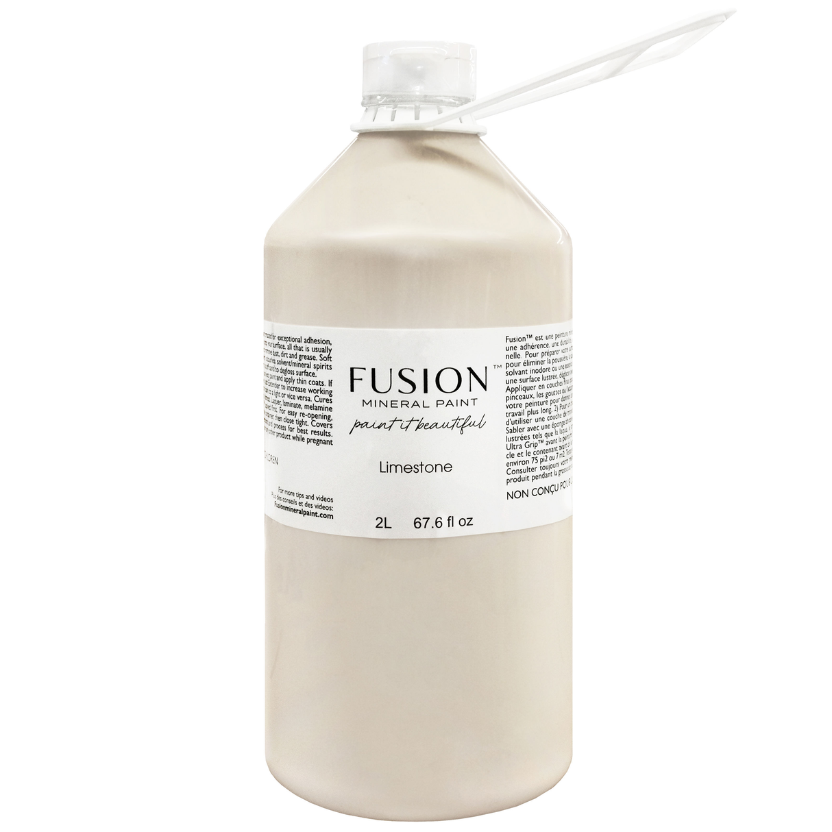 2L Fusion Mineral Paint, Limestone color, matte finish, with mixing stick attached to the cap.