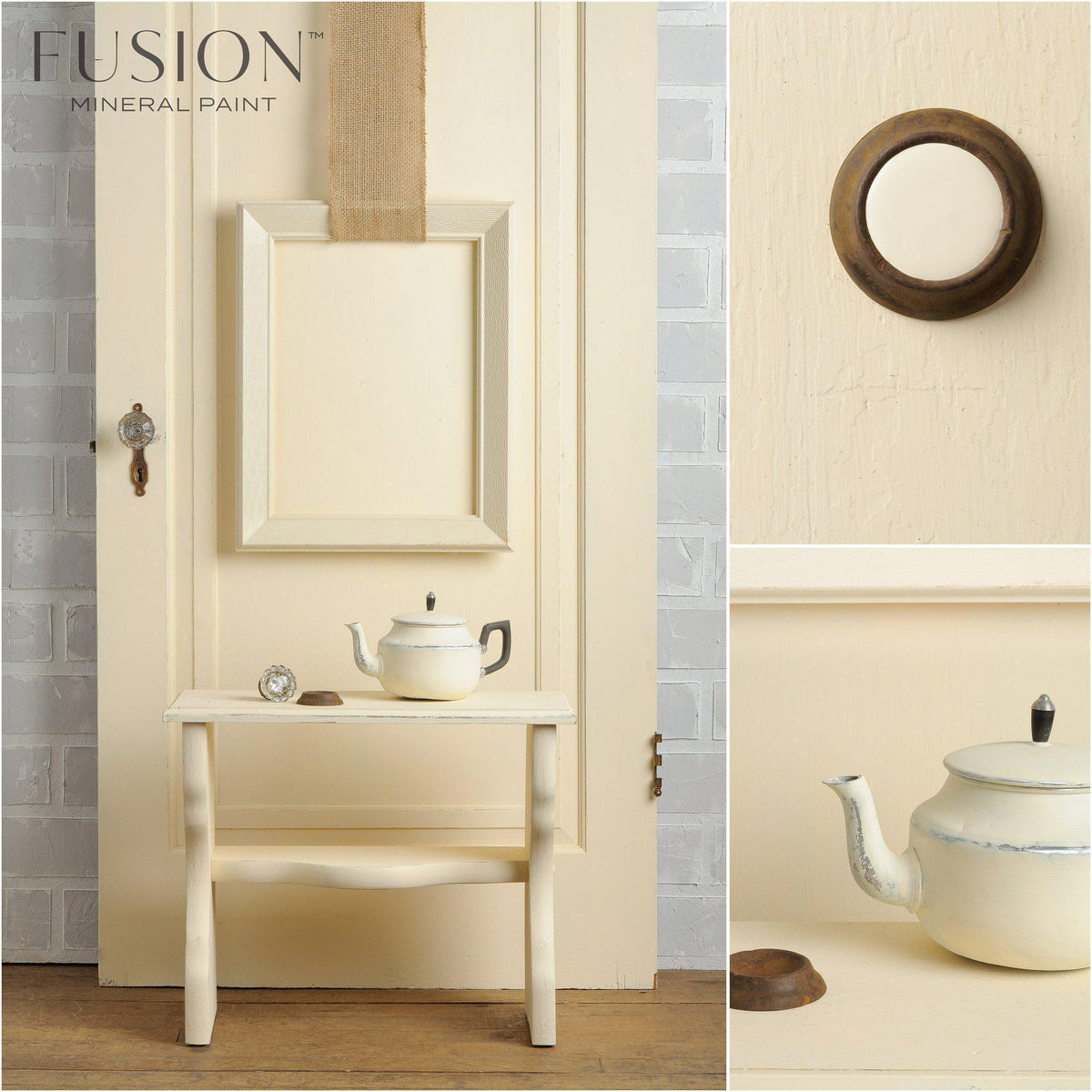 Cream teapot with matte finish on white bench, Limestone Fusion Mineral Paint wall in background.