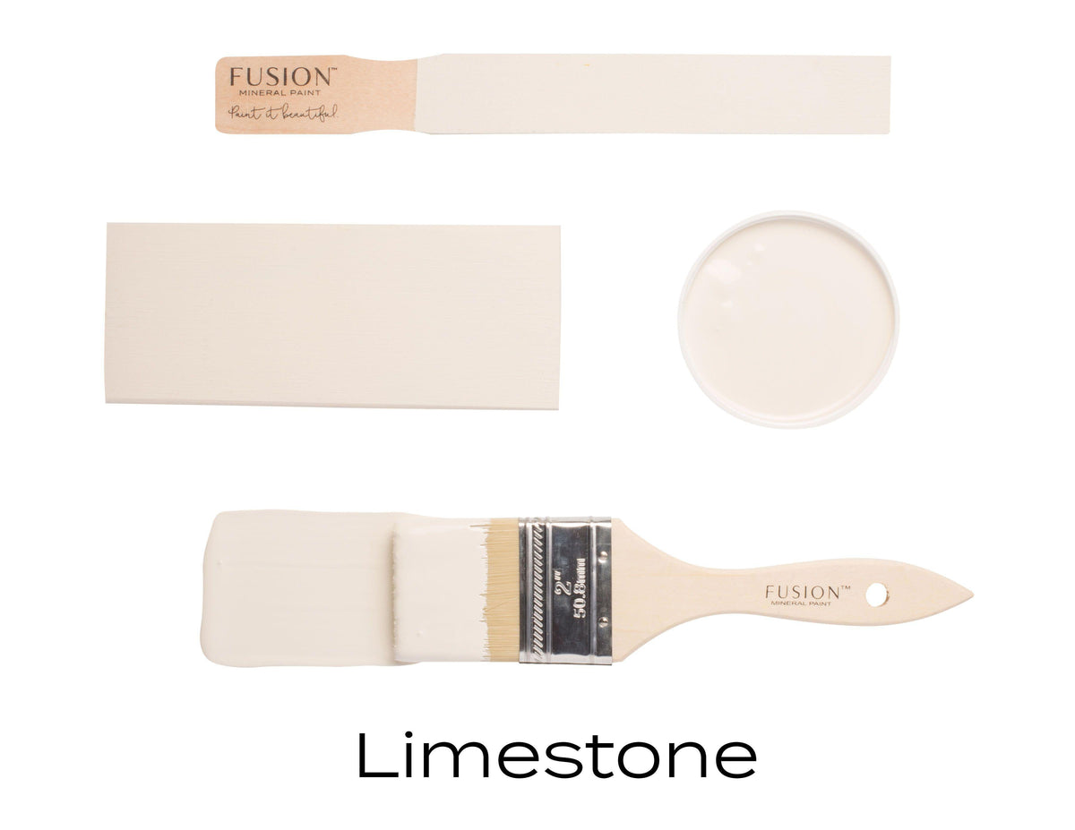 Limestone Fusion Mineral Paint shown on brush, swatch, and sample in brandās matte finish.