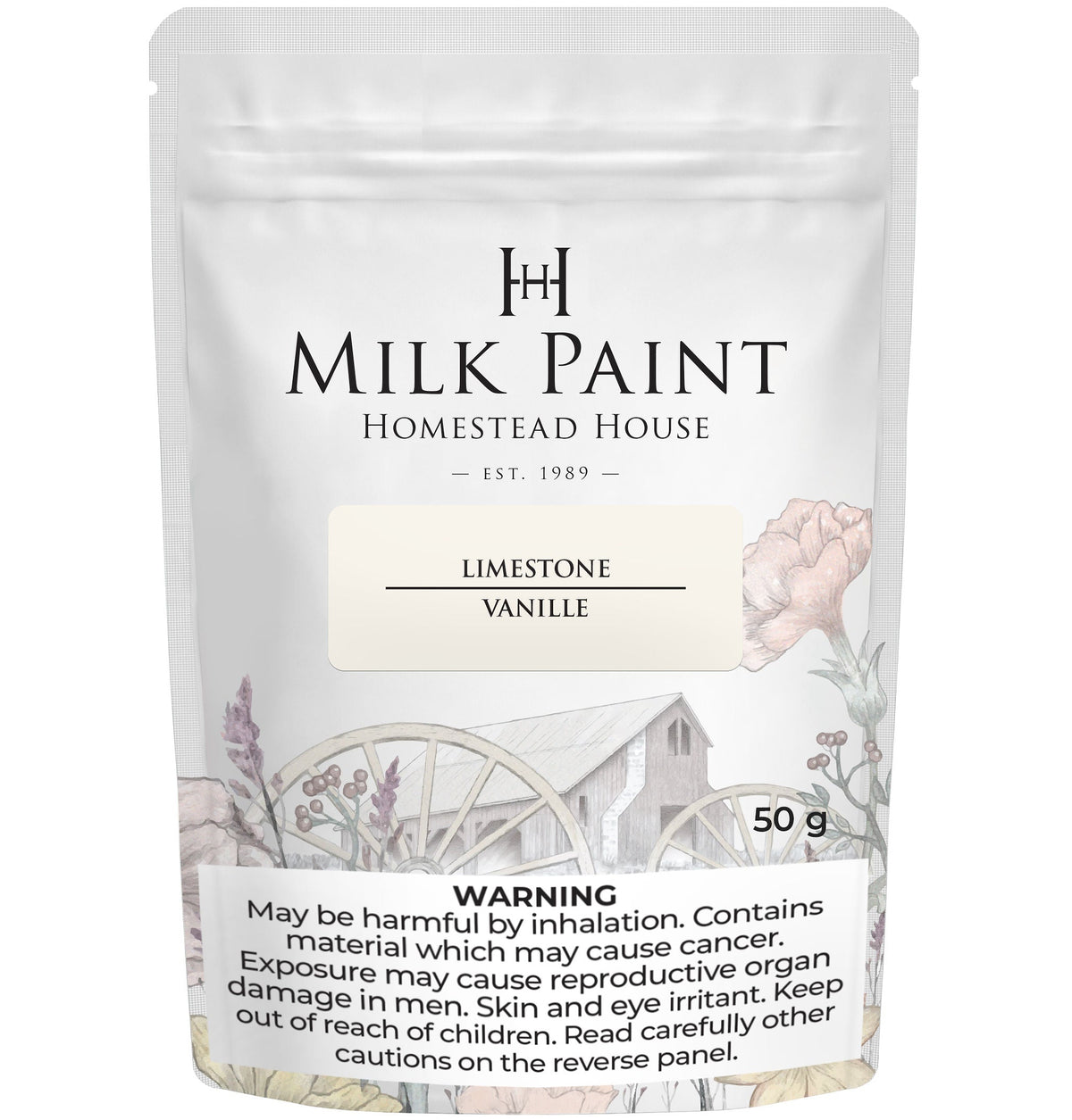 50g Homestead House Limestone Milk Paint in Vanille with warning label at the bottom of the bag.