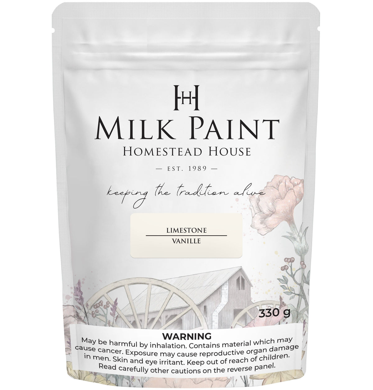 330g Homestead House Limestone Milk Paint in Vanille with floral and wagon wheel label graphics.