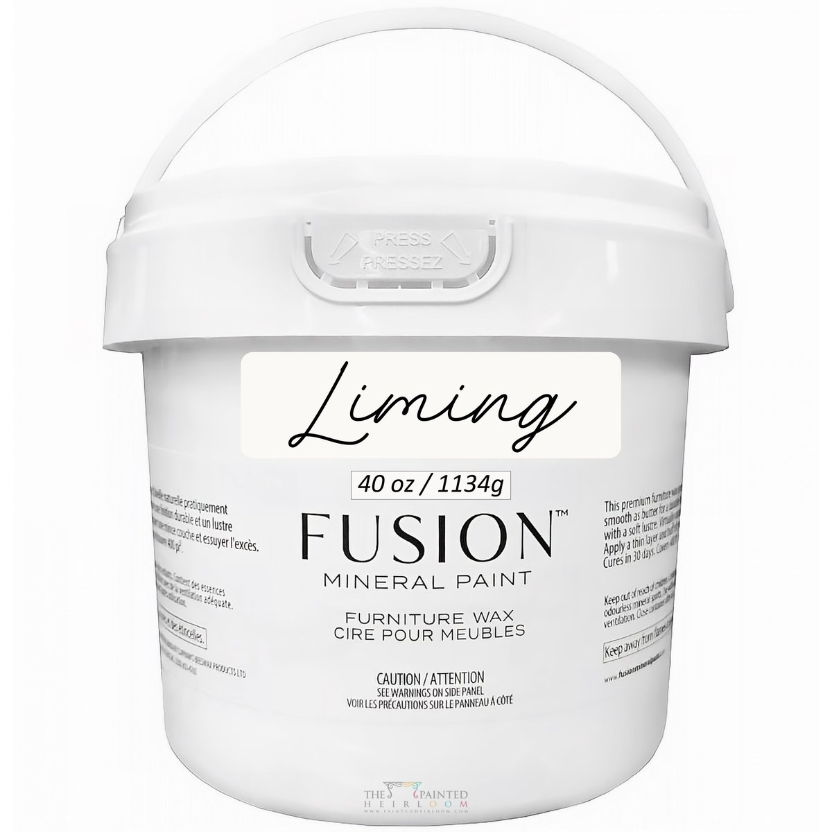 40 oz Liming Furniture Wax by Fusion Mineral Paint in Liming shade, labeled container with product info.