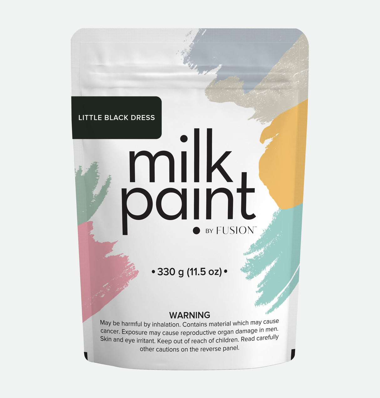 Fusion Mineral Paint Little Black Dress Milk Paint, 330g pouch with brush strokes and hazard warning label.