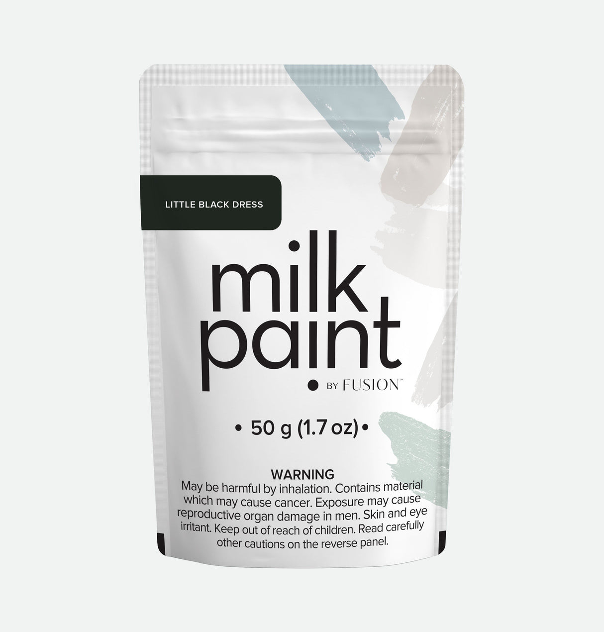50g pouch of Fusion Mineral Paint Little Black Dress Milk Paint with Bonding Agent and safety info on front.