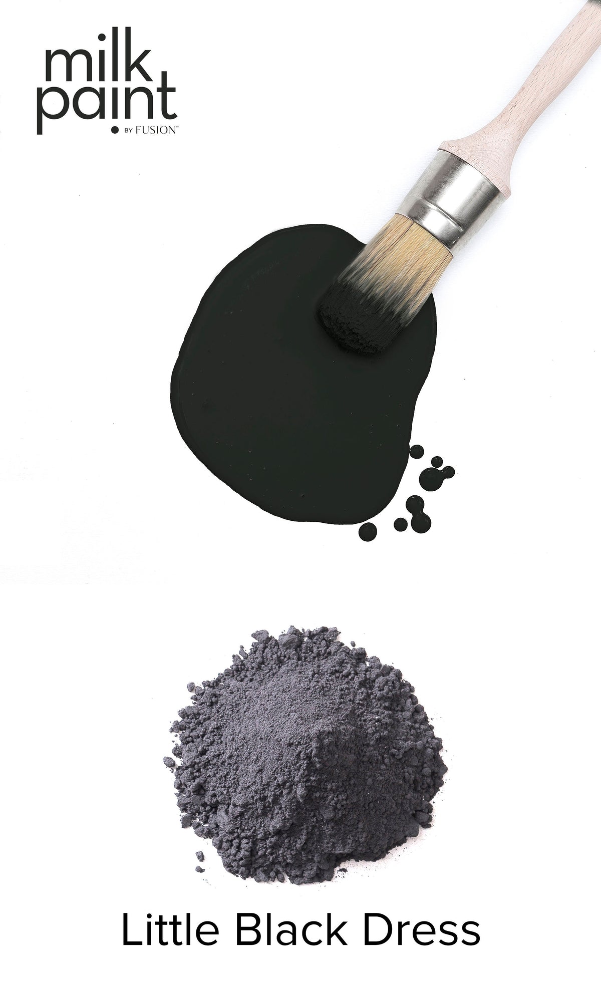 Brush with black paint next to a pile of Little Black Dress Milk Paint by Fusion Mineral Paint.