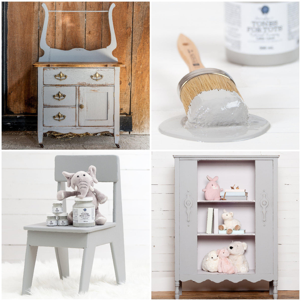 Painted furniture and shelves finished with Little Lamb Fusion Mineral Paint, smooth matte finish, four-image collage.
