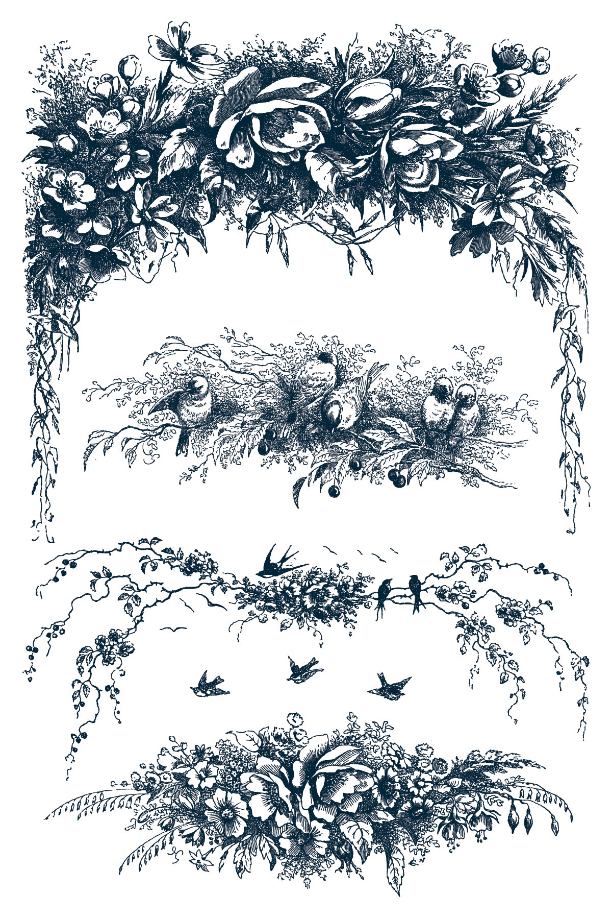 Four black-and-white Little Lark Paint Inlay bird and floral designs by I.O.D. on white background.