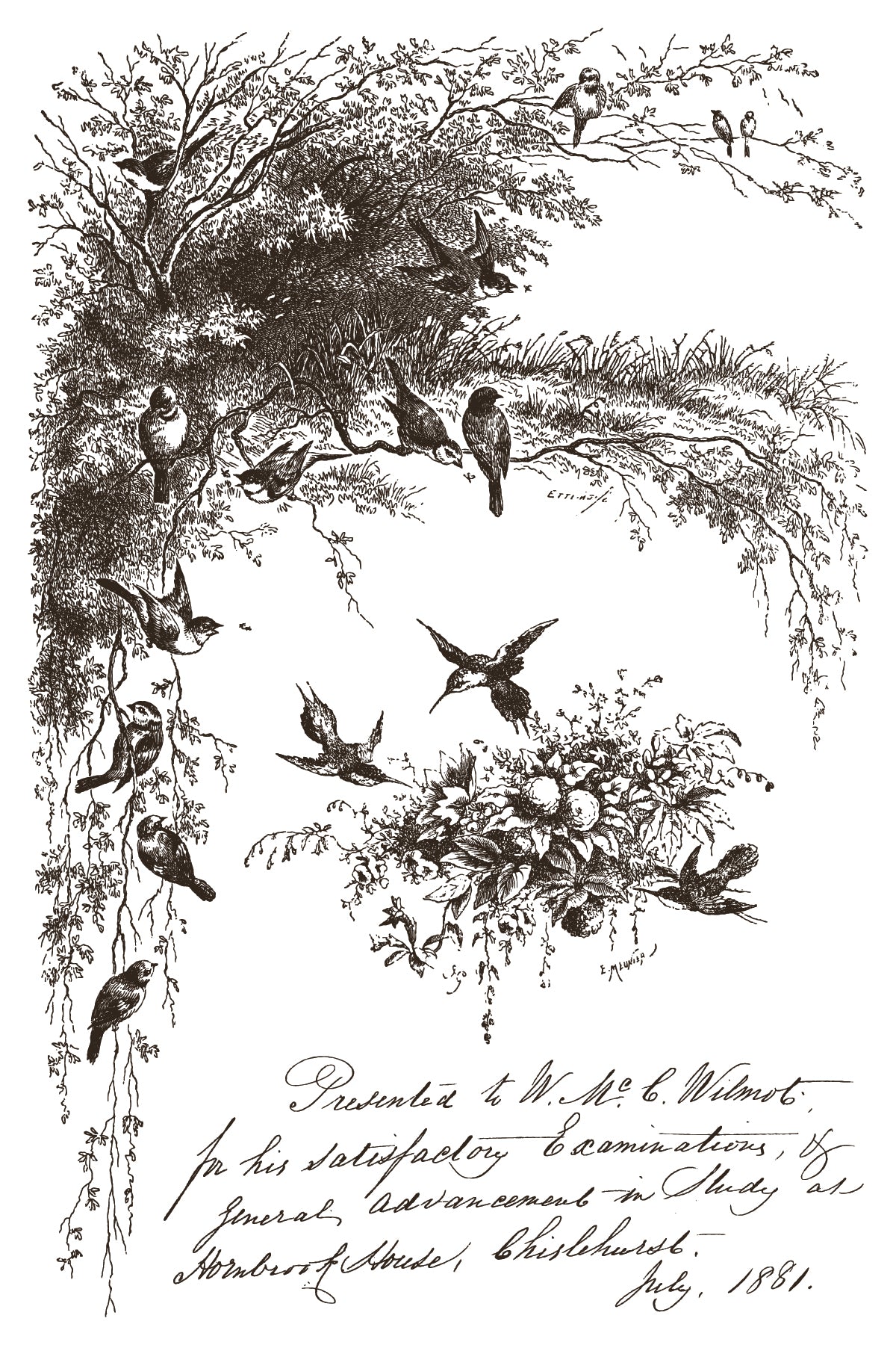 Birds in trees artwork using Little Lark Paint Inlay by IOD above handwritten July 1881 exam note.