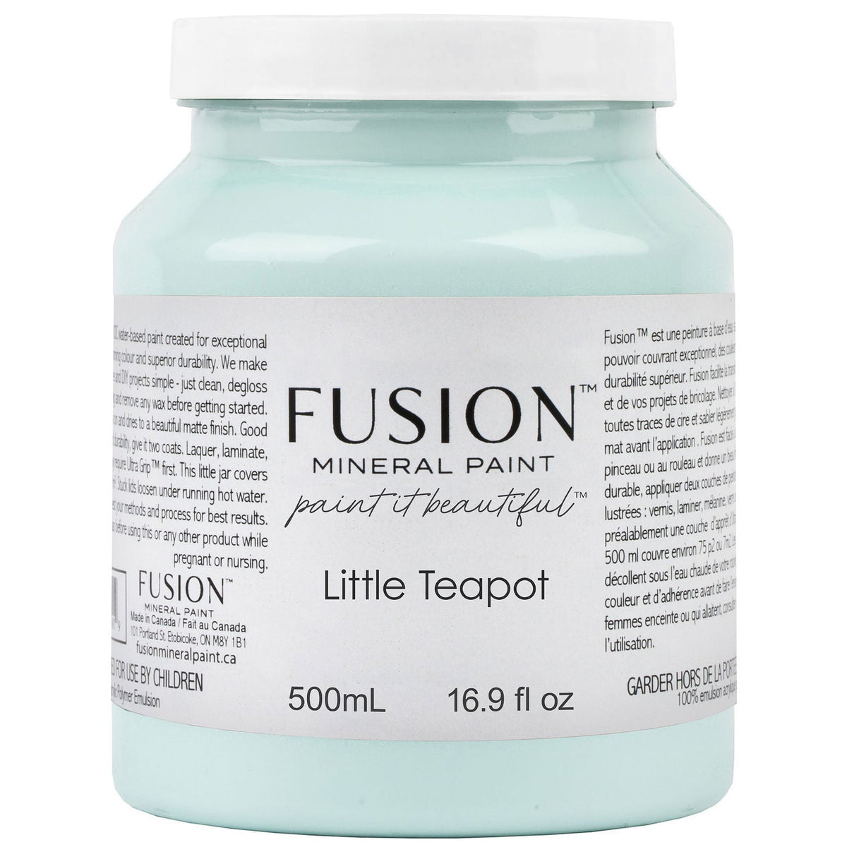 Fusion Mineral Paint 500mL jar, Little Teapot shade, light blue-teal color, front label visible.