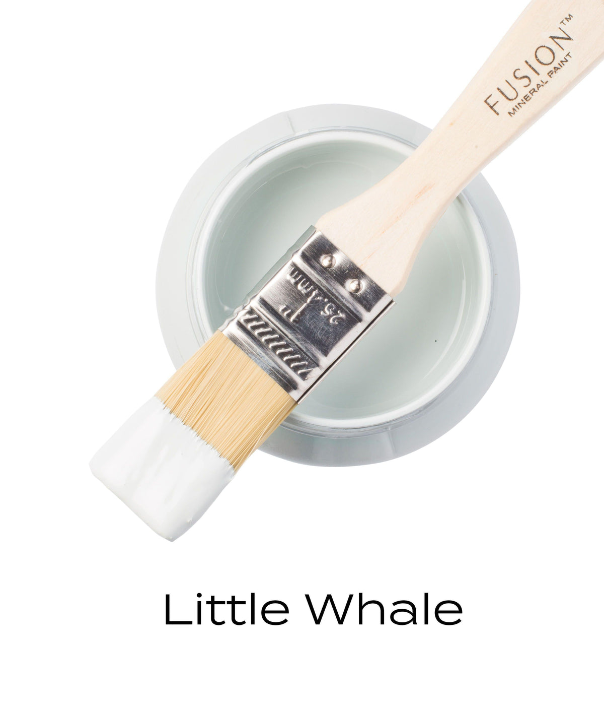 Open jar of Little Whale Fusion Mineral Paint with brush resting on top; below is the text “Little Whale”.