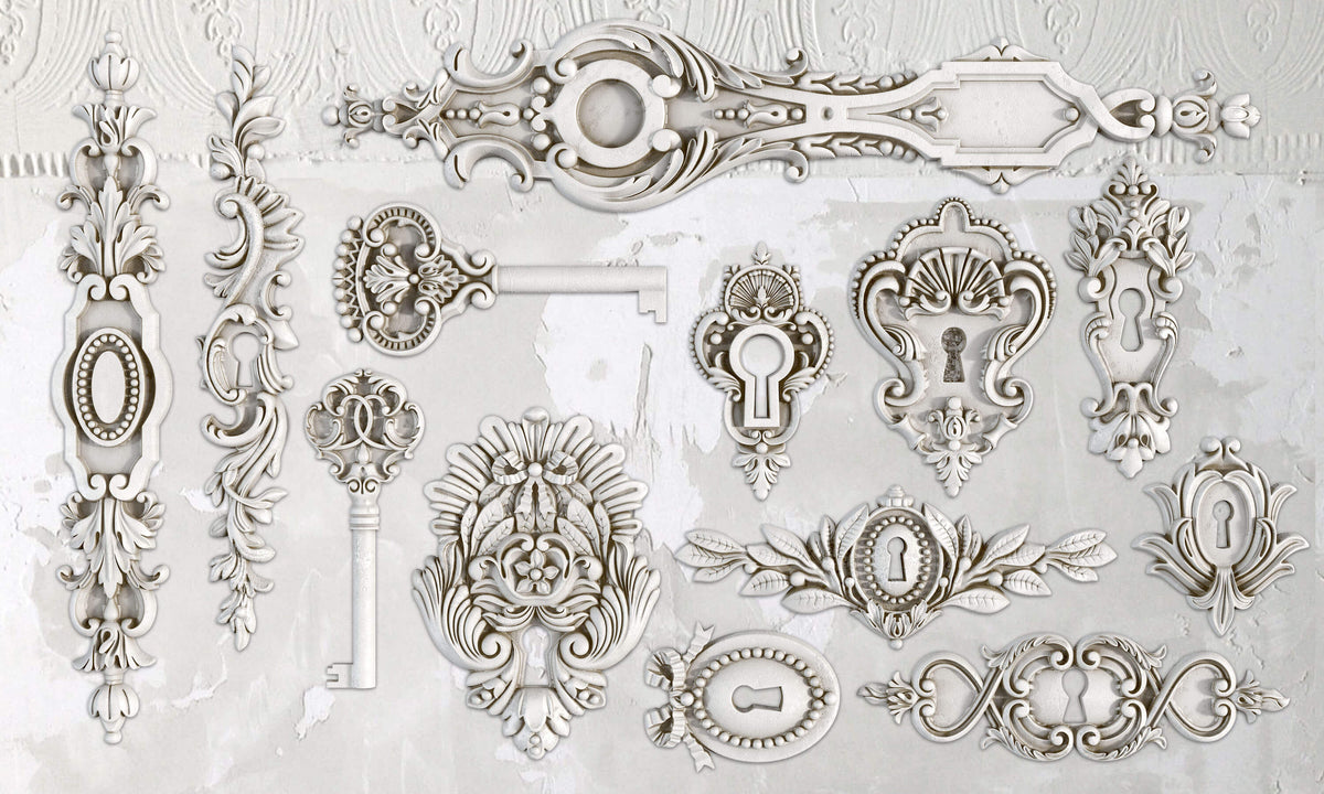 Lock and Key Mould vintage-style keyholes and keys by IOD - Iron Orchid Designs displayed together.