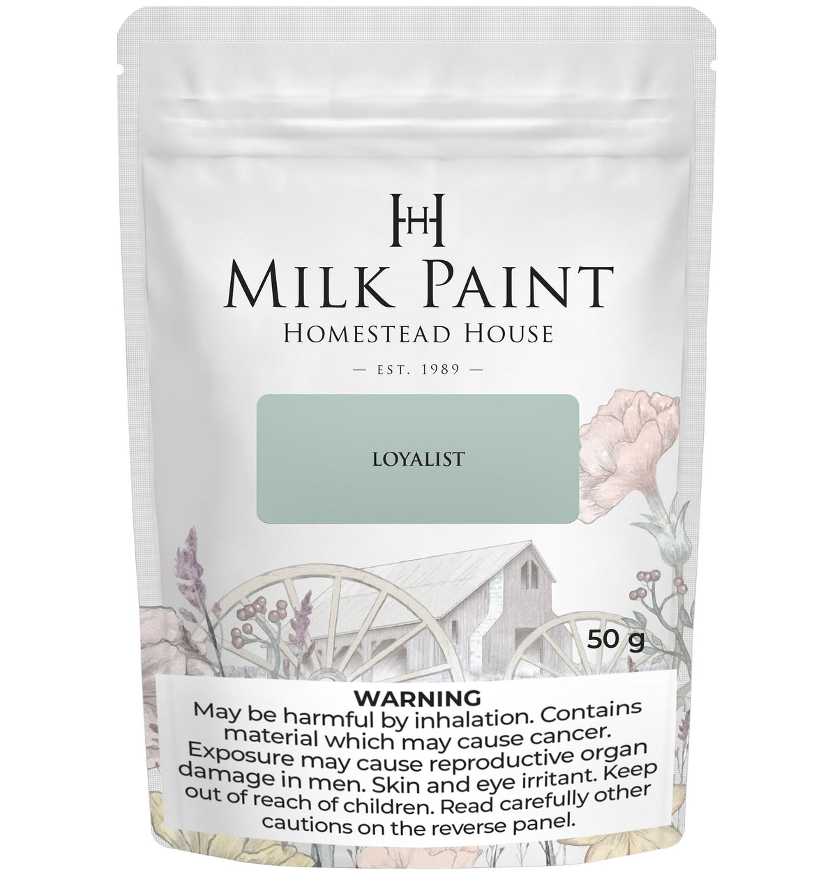 50g Loyalist Milk Paint by Homestead House with floral and wagon design on the packaging.