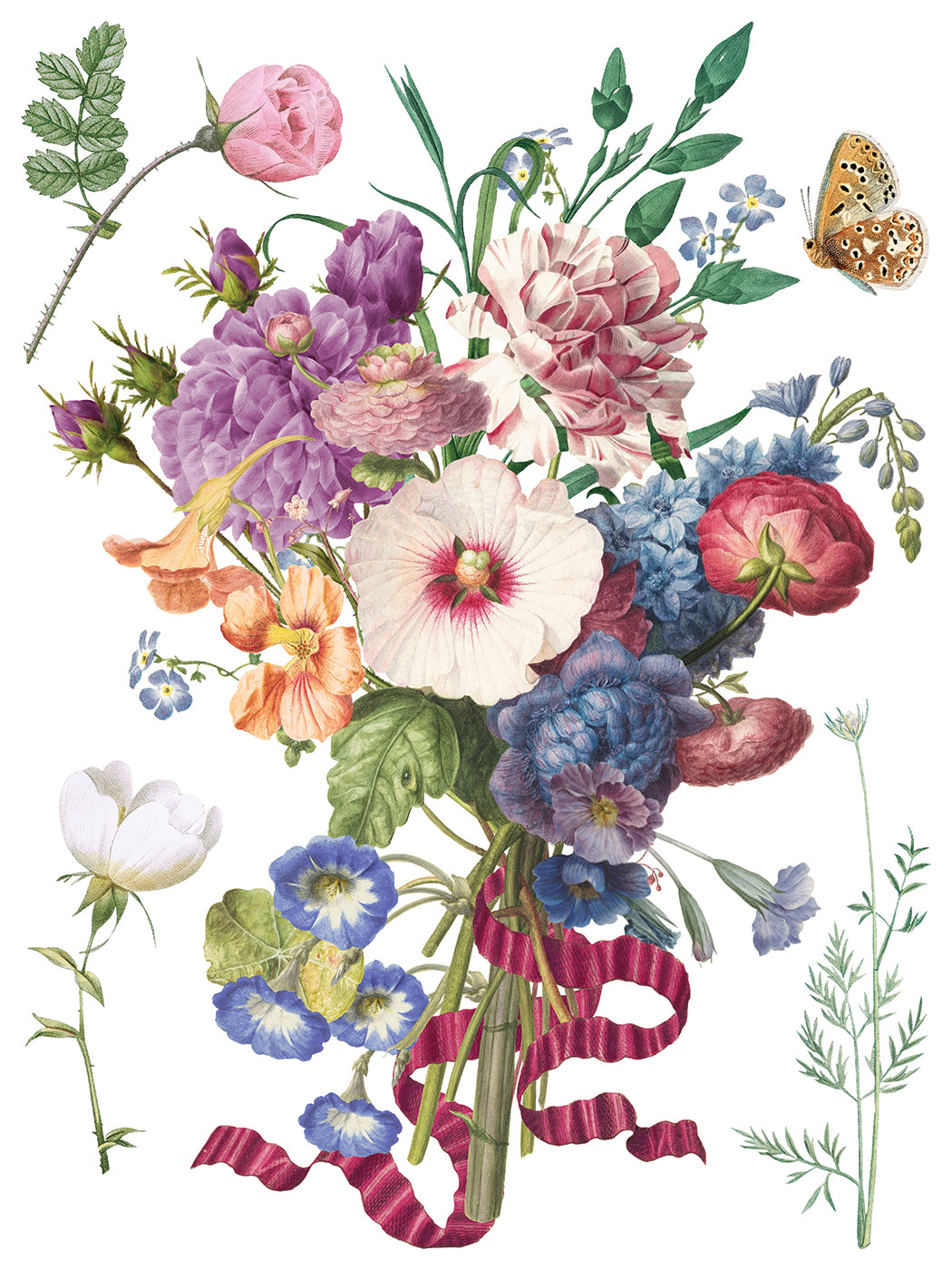 The Marché des Fleurs Transfer by I.O.D. featuring French market florals, greenery, pink ribbon, and butterfly.