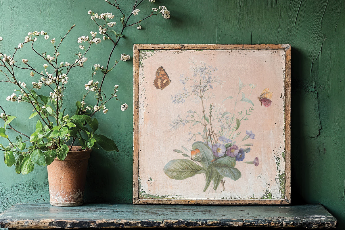Framed Marché des Fleurs Transfer by I.O.D. with butterflies, botanical accents, and potted plant on green shelf.