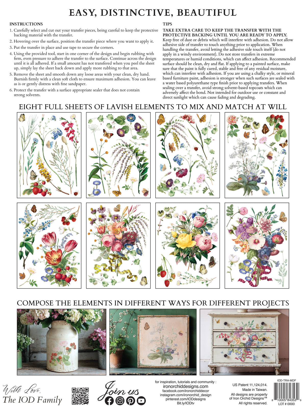 I.O.D. Marché des Fleurs Transfer sheets, set of eight, with step-by-step furniture decorating instructions included.
