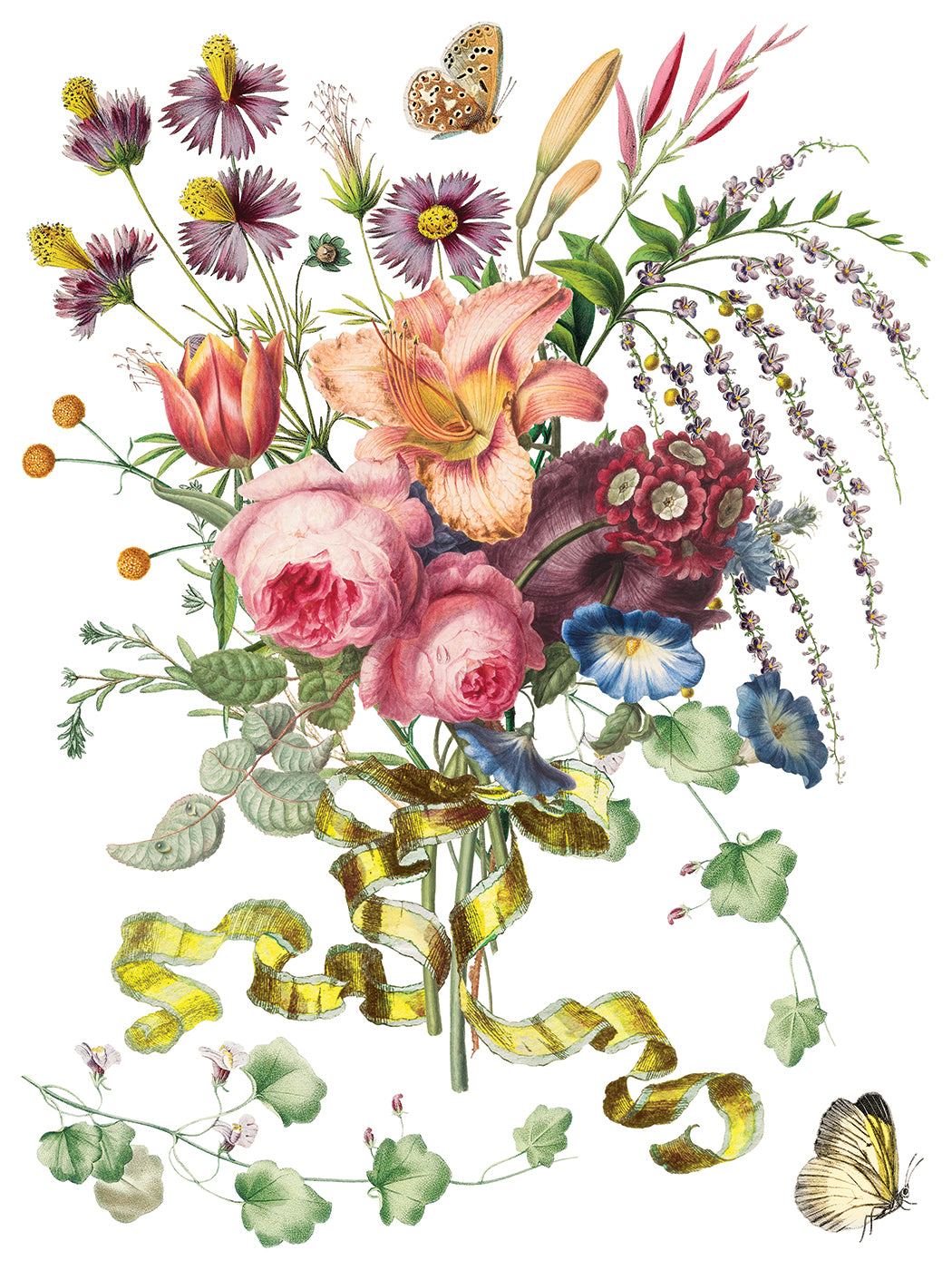 Bouquet with assorted flowers and leaves, inspired by I.O.D. Marché des Fleurs Transfer, with ribbon and butterflies.