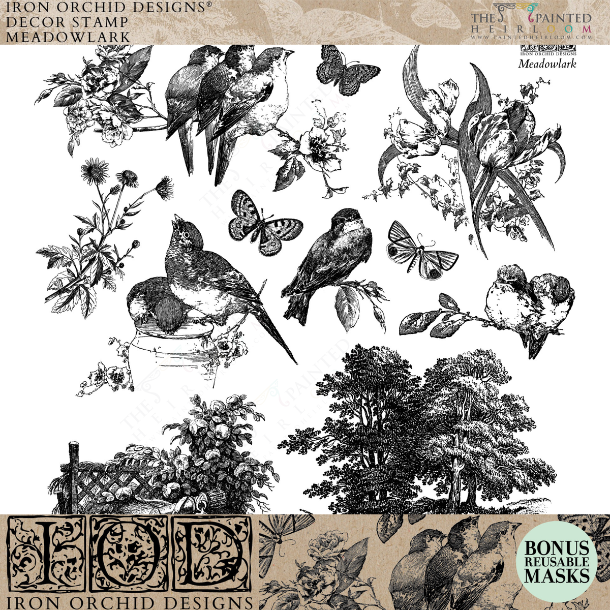 Meadowlark Stamp by I.O.D. with birds, butterflies, flowers, trees, and a rustic building design.
