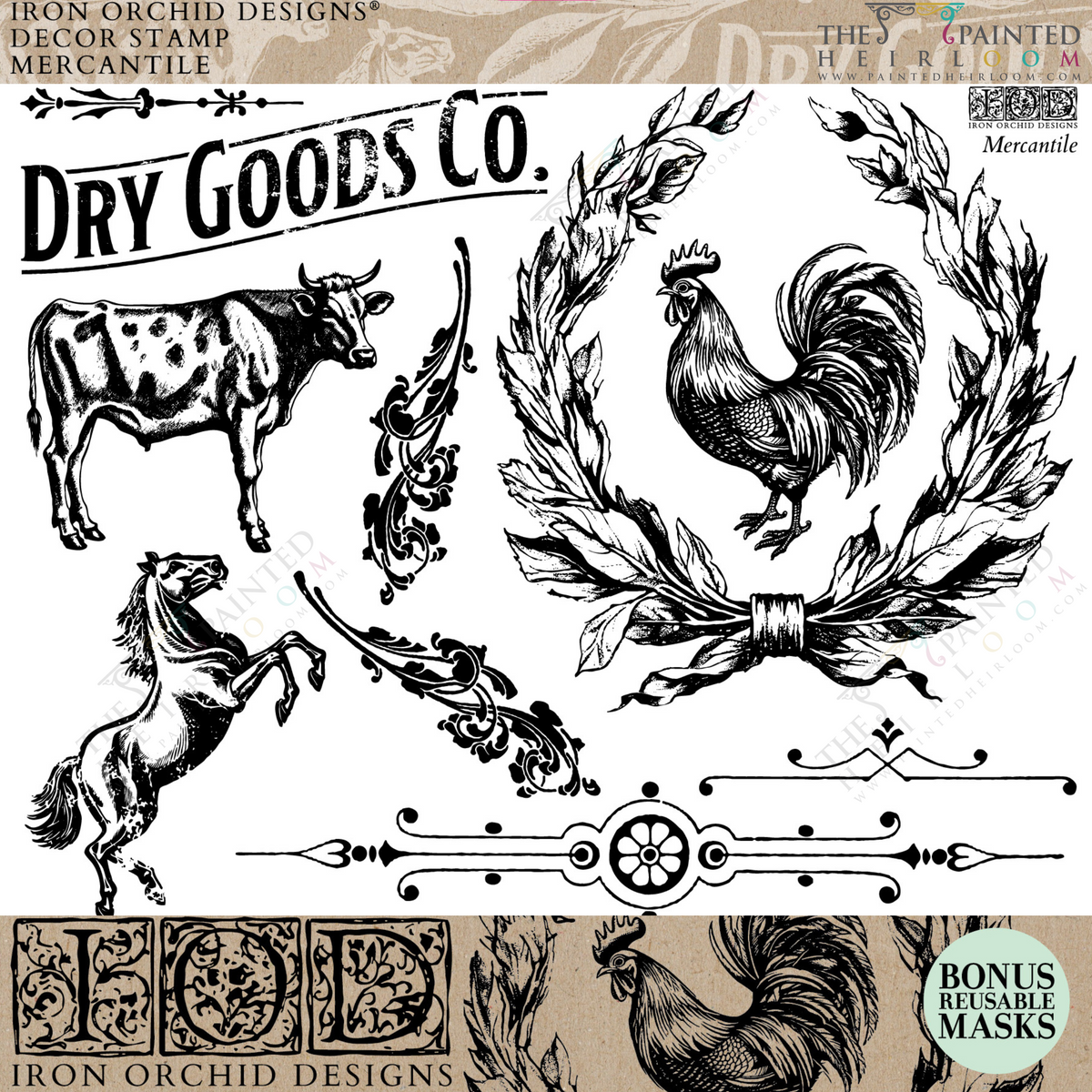Mercantile Stamp by IOD for vintage grain sack stamping; Iron Orchid Designs branding visible.