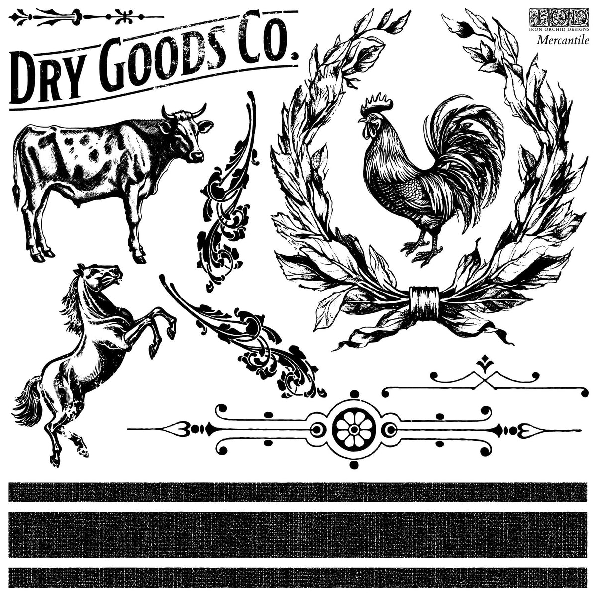 Mercantile Stamp by IOD with vintage black-and-white farm motifs for farmhouse decor.