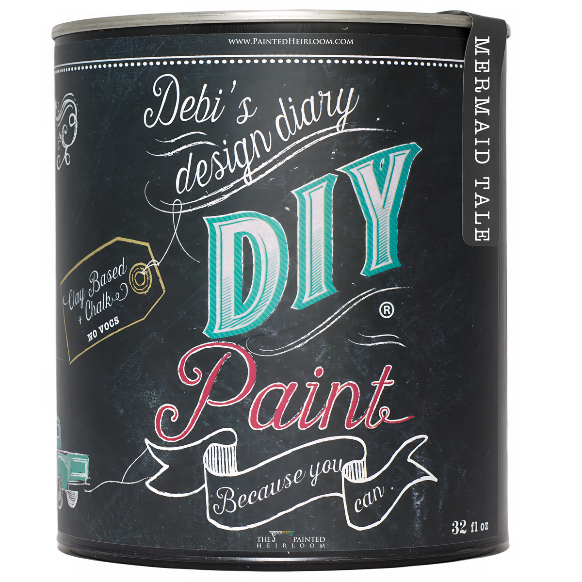 32 fl oz can of Mermaid Tale DIY Paint by DIY Paint Co., eco-friendly, with chalkboard-style label design.