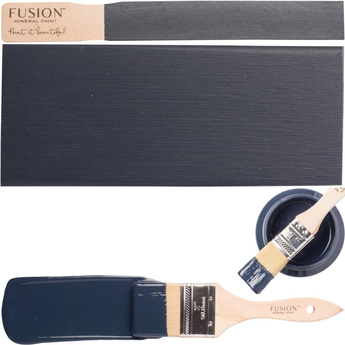 Fusion Mineral Paintbrush, Midnight Blue Fusion Mineral Paint, and matching painted wood sample shown together.