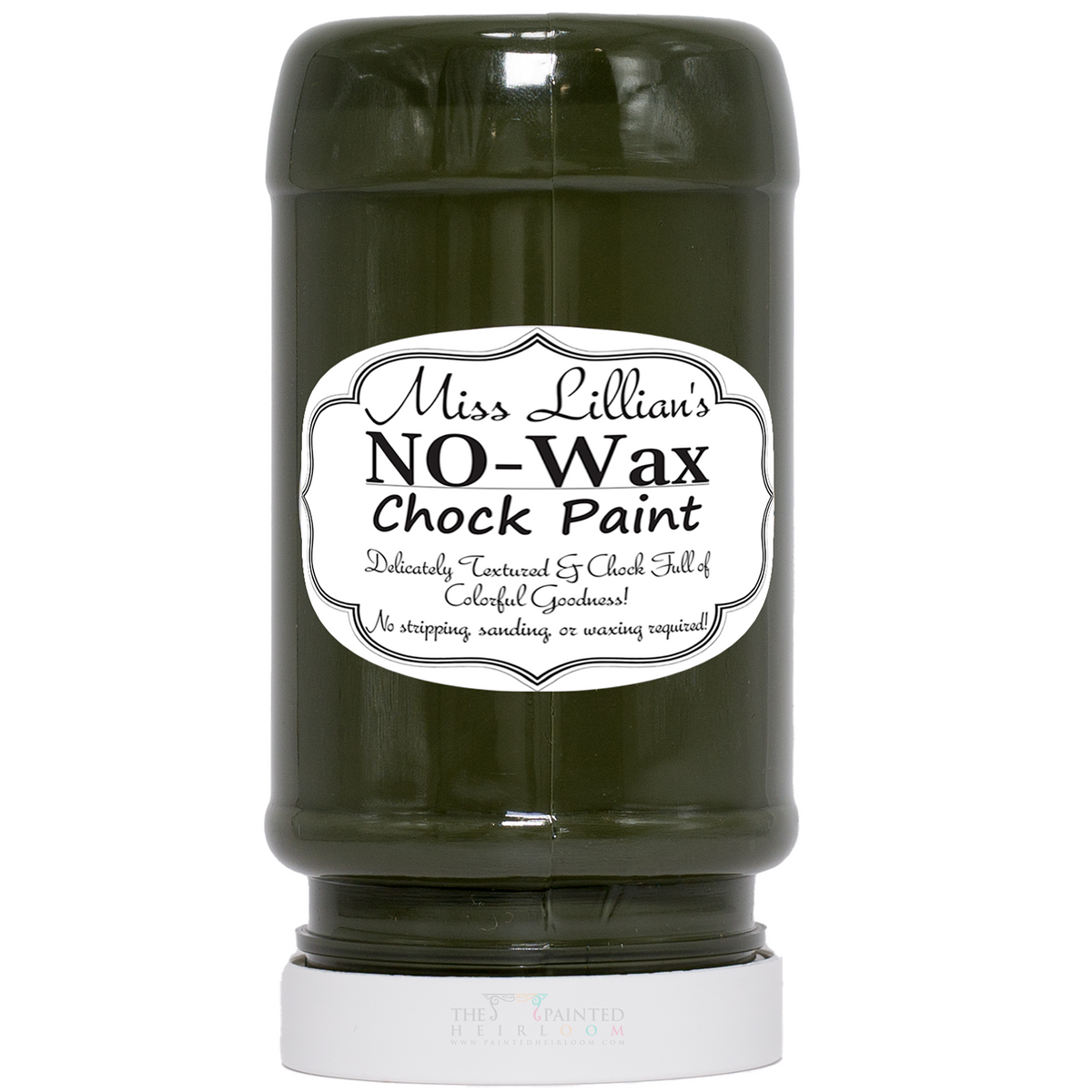 Miss Lillian’s Midnight Fern No-Wax Chock Paint, dark green, upside down with white label visible.