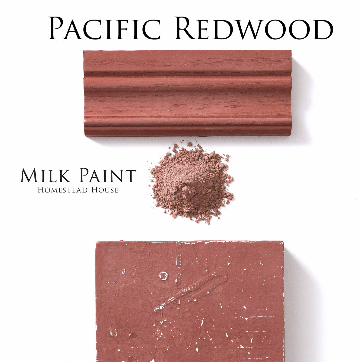 Fusion Mineral Paint Milk Paint Wood Stain sample in red, showing molding, powder, and painted wood finish.