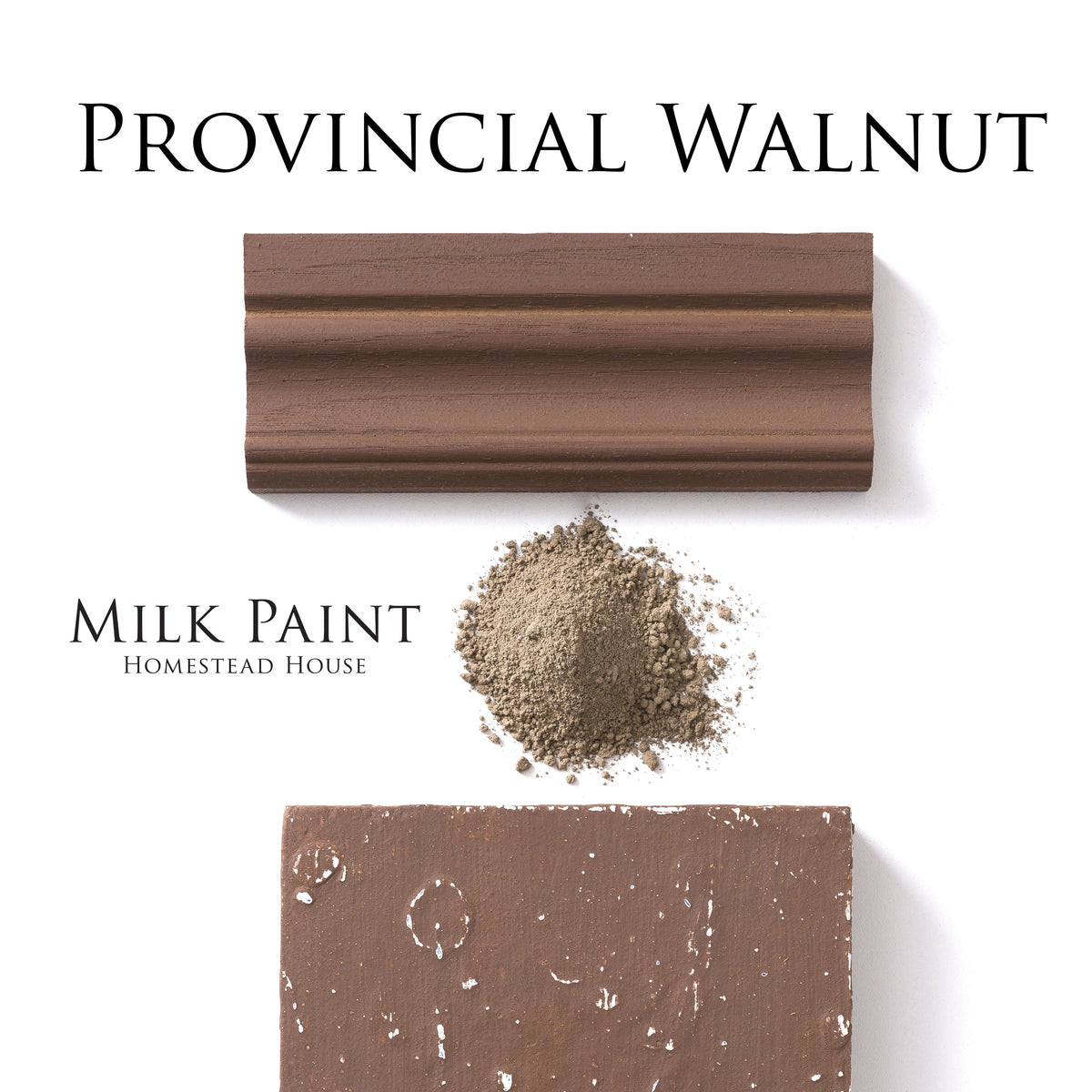 Brown wood trim with chipped paint, shown with Fusion Mineral Paint Milk Paint Wood Stain in Provincial Walnut.