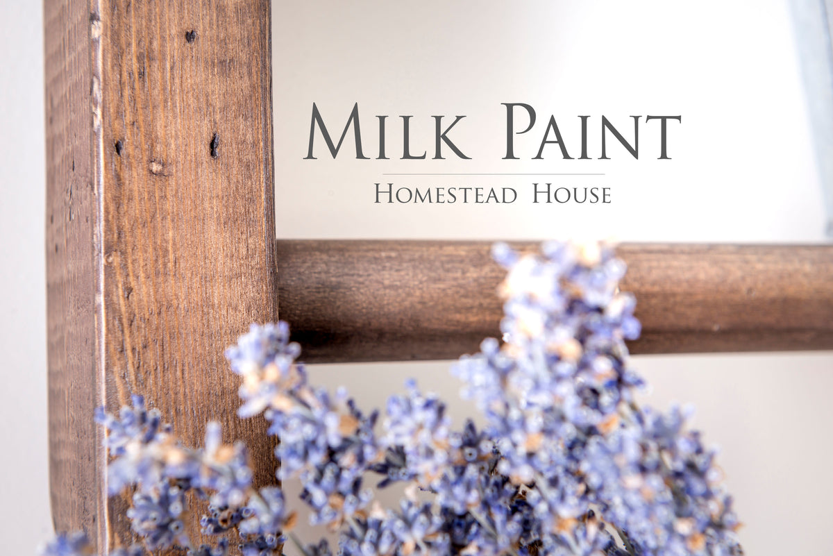 Rustic frame accented with purple flowers, shown for use with Fusion Mineral Paint’s mixable Milk Paint Wood Stain.